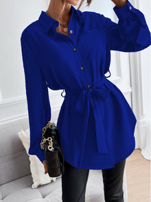  Solid Button Front Belted Shirt