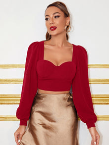  Sweetheart Neck Lantern Sleeve Crop Top