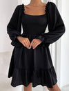 Square Neck Shirred Bodice Flounce Sleeve Ruffle Hem Dress