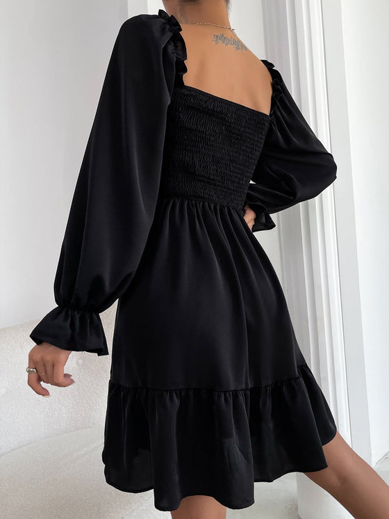 Square Neck Shirred Bodice Flounce Sleeve Ruffle Hem Dress