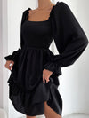 Square Neck Shirred Bodice Flounce Sleeve Ruffle Hem Dress