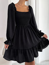 Square Neck Shirred Bodice Flounce Sleeve Ruffle Hem Dress