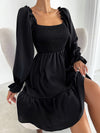 Square Neck Shirred Bodice Flounce Sleeve Ruffle Hem Dress
