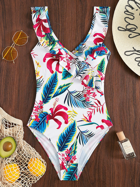 Tropical Print Ruffle Trim One Piece Swimsuit