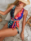 Patchwork Plunging One Piece Swimsuit