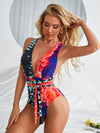 Patchwork Plunging One Piece Swimsuit