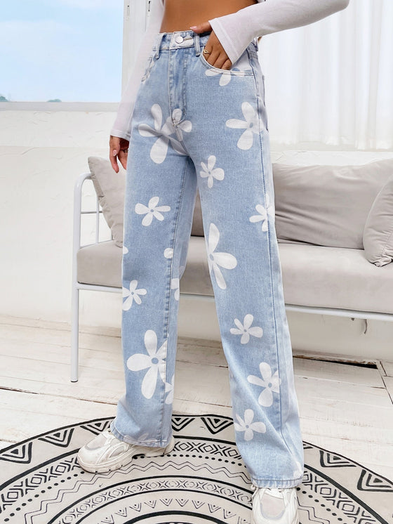 Floral Print Straight Leg Jeans