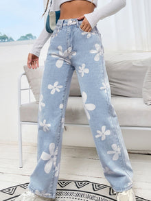  Floral Print Straight Leg Jeans