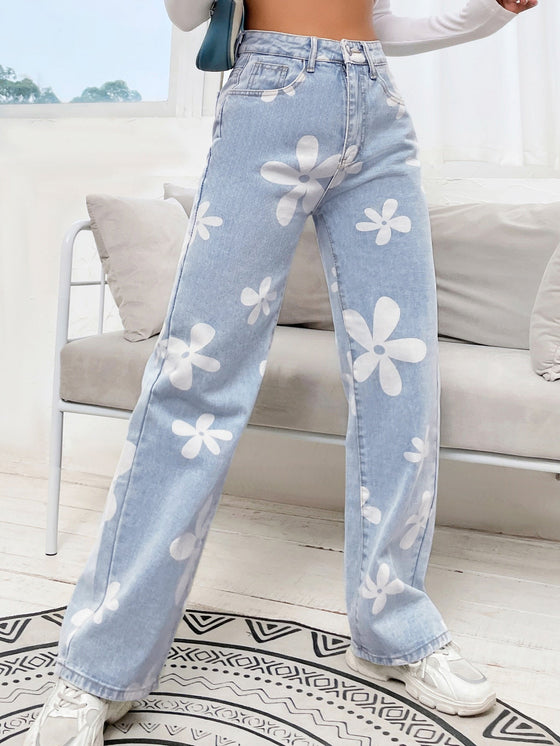 Floral Print Straight Leg Jeans