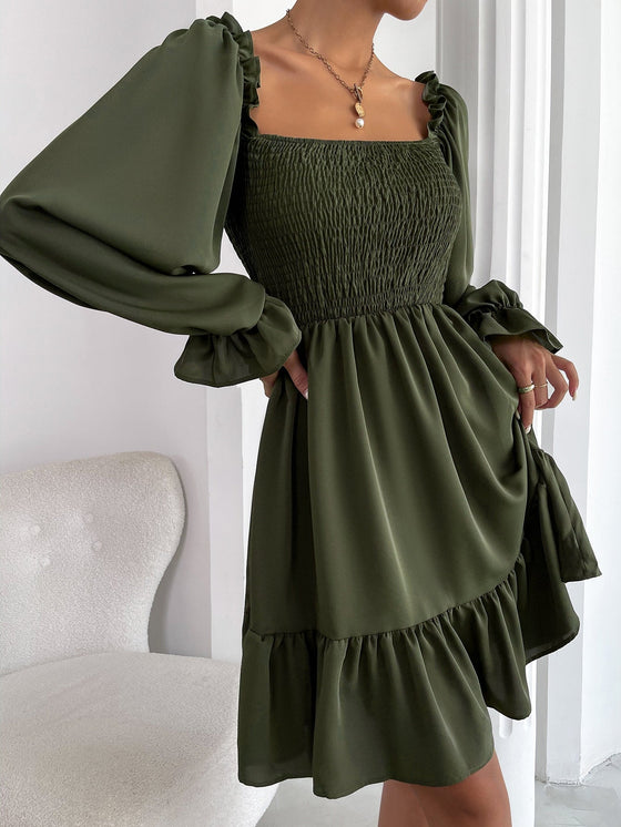 Square Neck Shirred Bodice Flounce Sleeve Ruffle Hem Dress