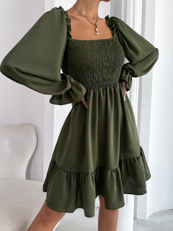 Square Neck Shirred Bodice Flounce Sleeve Ruffle Hem Dress