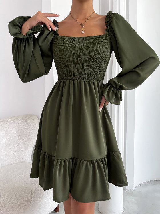 Square Neck Shirred Bodice Flounce Sleeve Ruffle Hem Dress