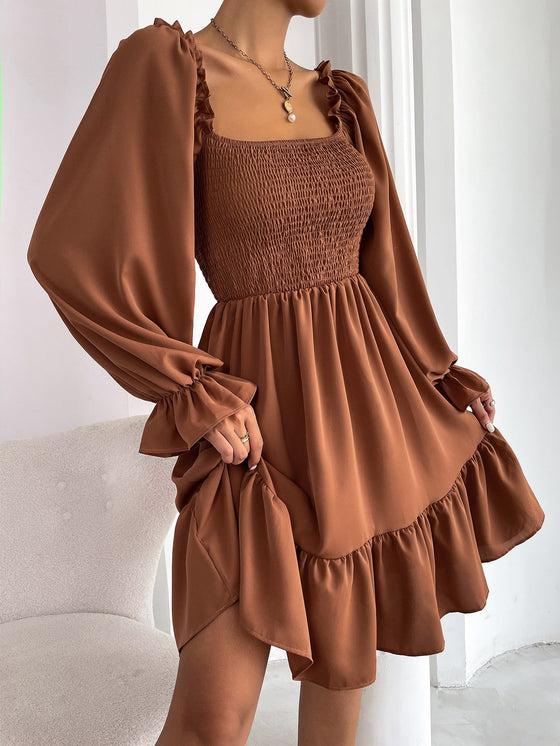 Square Neck Shirred Bodice Flounce Sleeve Ruffle Hem Dress