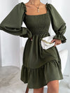 Square Neck Shirred Bodice Flounce Sleeve Ruffle Hem Dress