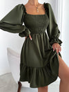 Square Neck Shirred Bodice Flounce Sleeve Ruffle Hem Dress