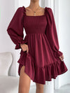 Square Neck Shirred Bodice Flounce Sleeve Ruffle Hem Dress