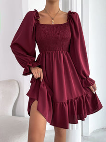  Square Neck Shirred Bodice Flounce Sleeve Ruffle Hem Dress