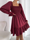 Square Neck Shirred Bodice Flounce Sleeve Ruffle Hem Dress