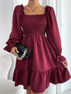 Square Neck Shirred Bodice Flounce Sleeve Ruffle Hem Dress