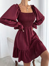 Square Neck Shirred Bodice Flounce Sleeve Ruffle Hem Dress