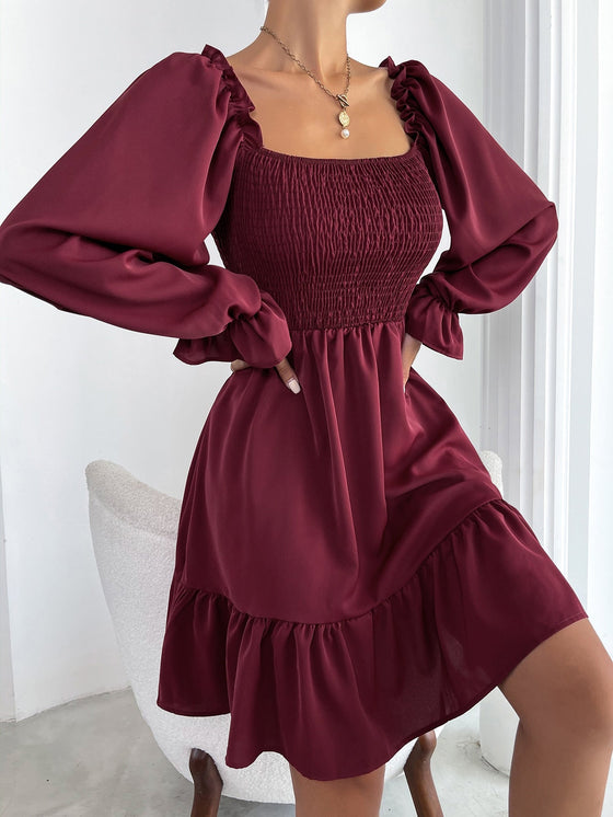 Square Neck Shirred Bodice Flounce Sleeve Ruffle Hem Dress