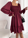 Square Neck Shirred Bodice Flounce Sleeve Ruffle Hem Dress