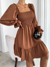 Square Neck Shirred Bodice Flounce Sleeve Ruffle Hem Dress