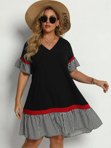  Unity Plus Contrast Striped Flounce Sleeve Smock Dress