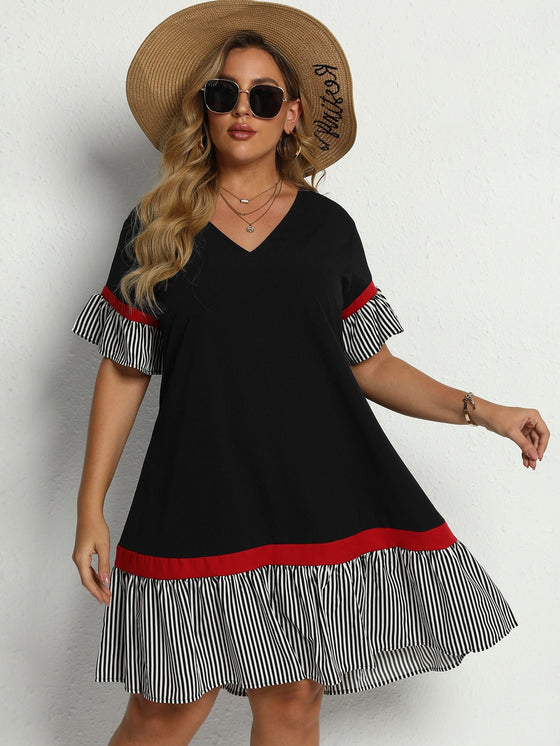 Unity Plus Contrast Striped Flounce Sleeve Smock Dress