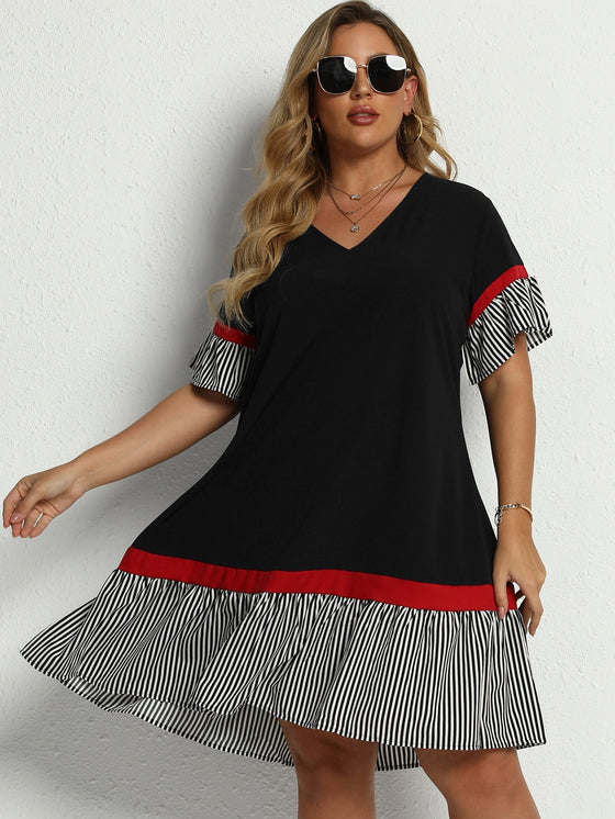 Unity Plus Contrast Striped Flounce Sleeve Smock Dress