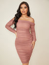 Ruched Off Shoulder Mesh Bodycon Dress