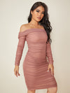 Ruched Off Shoulder Mesh Bodycon Dress