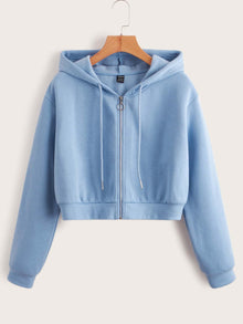  Solid Zip Up Crop Hoodie