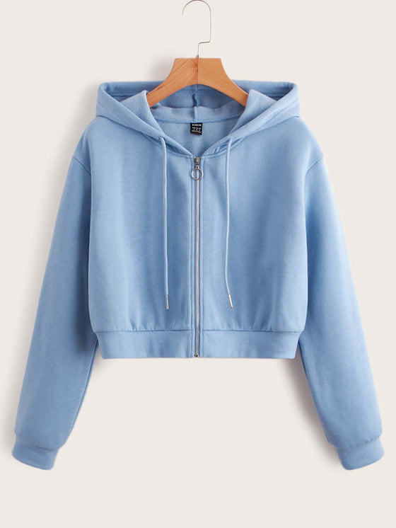 Solid Zip Up Crop Hoodie