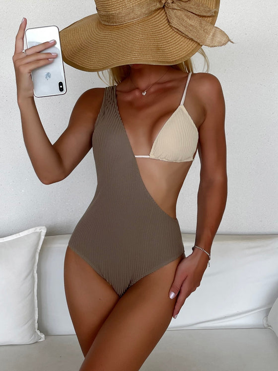 Textured Cut out Asymmetrical One Piece Swimsuit