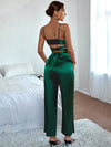 Solid Satin Criss Cross Tie Back Cami Top Split Hem Pocket Pants