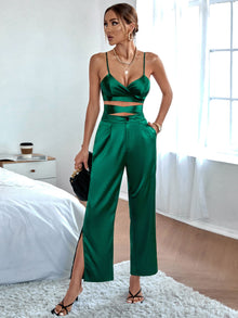  Solid Satin Criss Cross Tie Back Cami Top Split Hem Pocket Pants