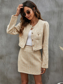  Plaid Dual Pocket Tweed Jacket Skirt