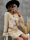 Plaid Dual Pocket Tweed Jacket Skirt