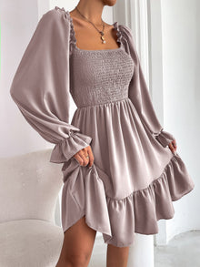  Square Neck Shirred Bodice Flounce Sleeve Ruffle Hem Dress