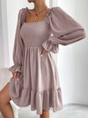 Square Neck Shirred Bodice Flounce Sleeve Ruffle Hem Dress