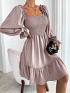 Square Neck Shirred Bodice Flounce Sleeve Ruffle Hem Dress