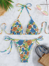 Floral Print Smocked Halter Triangle Bikini Swimsuit