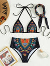 3pack Allover Print Triangle High Waisted Bikini Swimsuit With Headwear