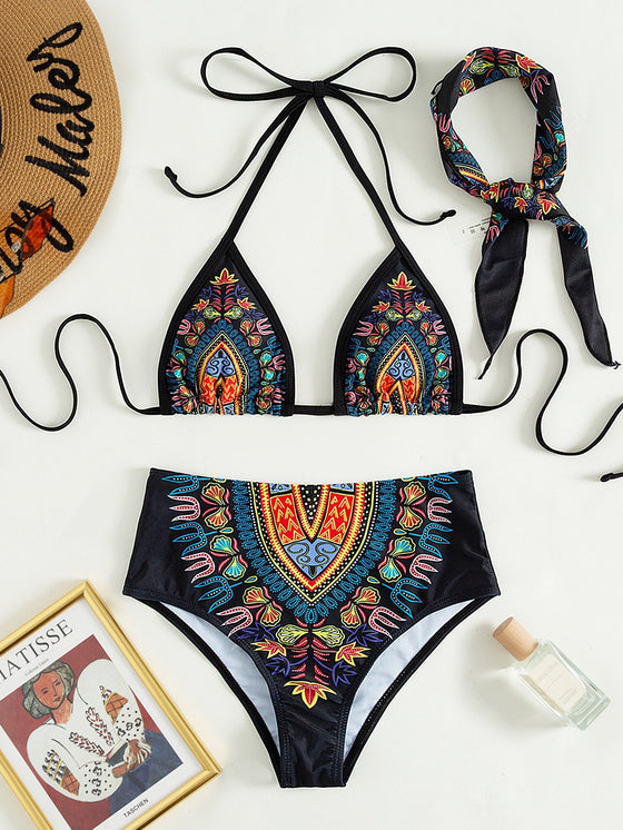 3pack Allover Print Triangle High Waisted Bikini Swimsuit With Headwear