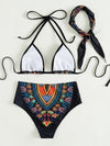 3pack Allover Print Triangle High Waisted Bikini Swimsuit With Headwear