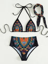 3pack Allover Print Triangle High Waisted Bikini Swimsuit With Headwear