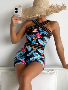  Floral Tropical Print Contrast Mesh One Piece Swimsuit