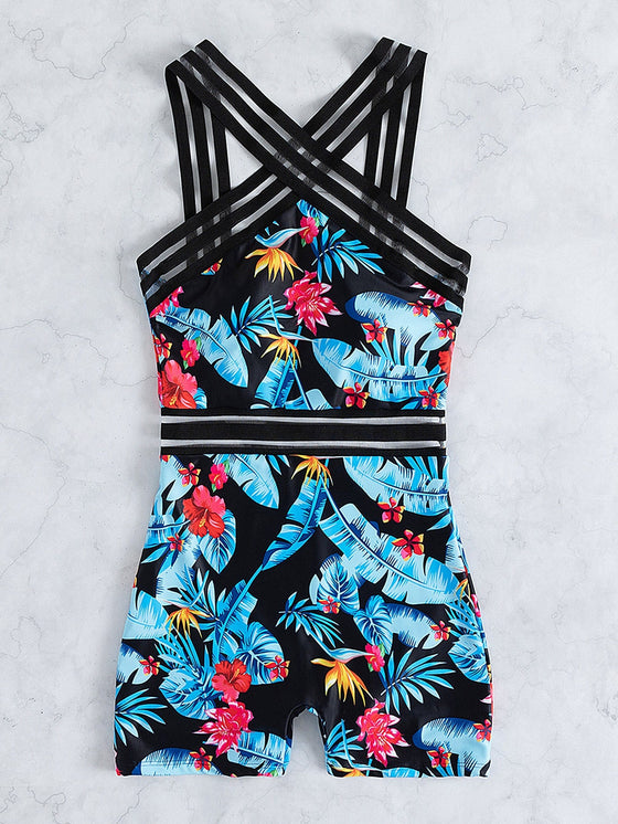 Floral Tropical Print Contrast Mesh One Piece Swimsuit