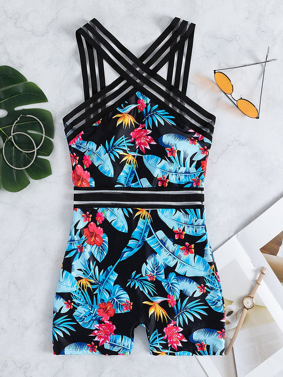 Floral Tropical Print Contrast Mesh One Piece Swimsuit